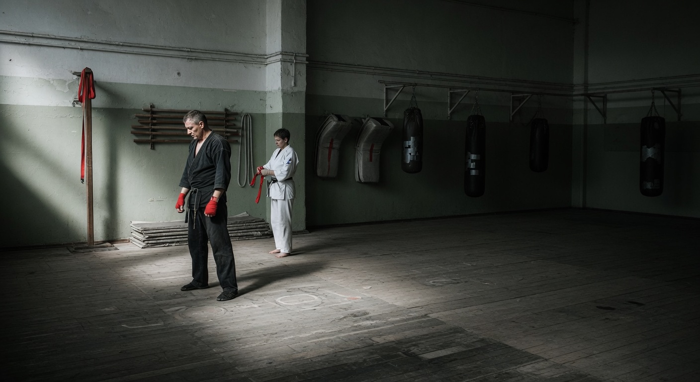 A disciplined training hall conveying institutional weight.